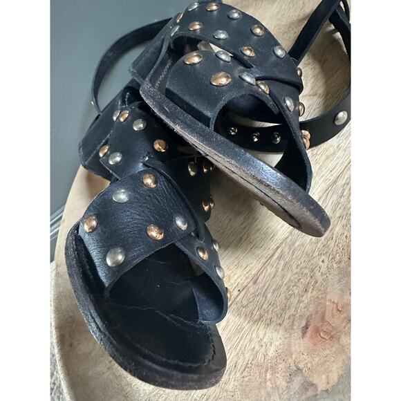 Maje Fiona sandals black leather gold silver studs ankle wrap sz 39 - Picture 6 of 14